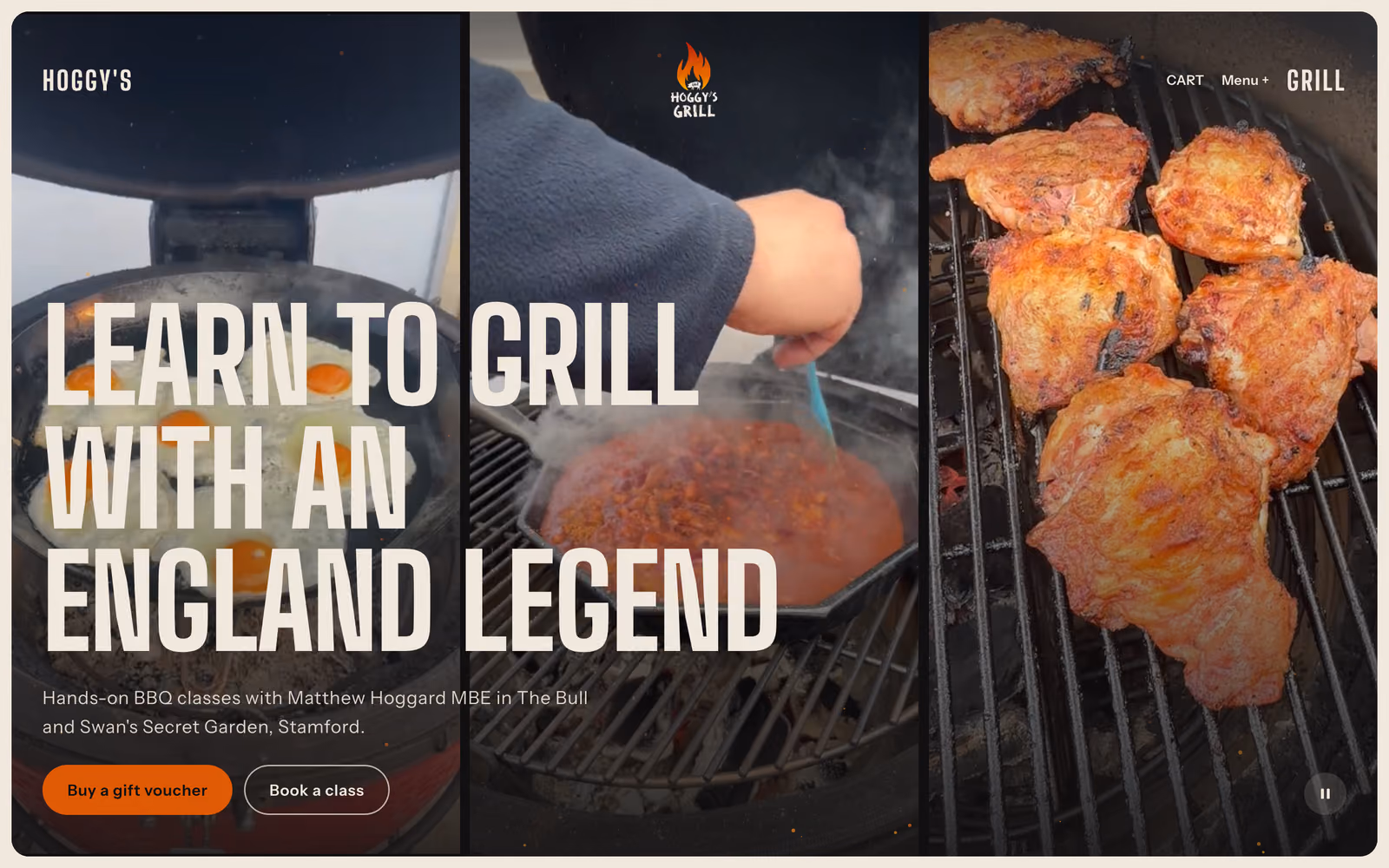 The Hoggy's Grill homepage: Learn to grill with an England legend, over three panels of food on the grill.